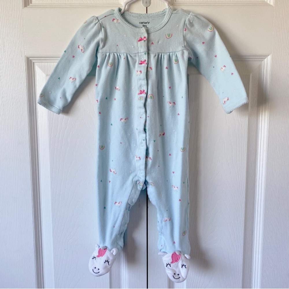 Carters 9M Blue Unicorn Rainbow Jumpsuit Footie Onesie
